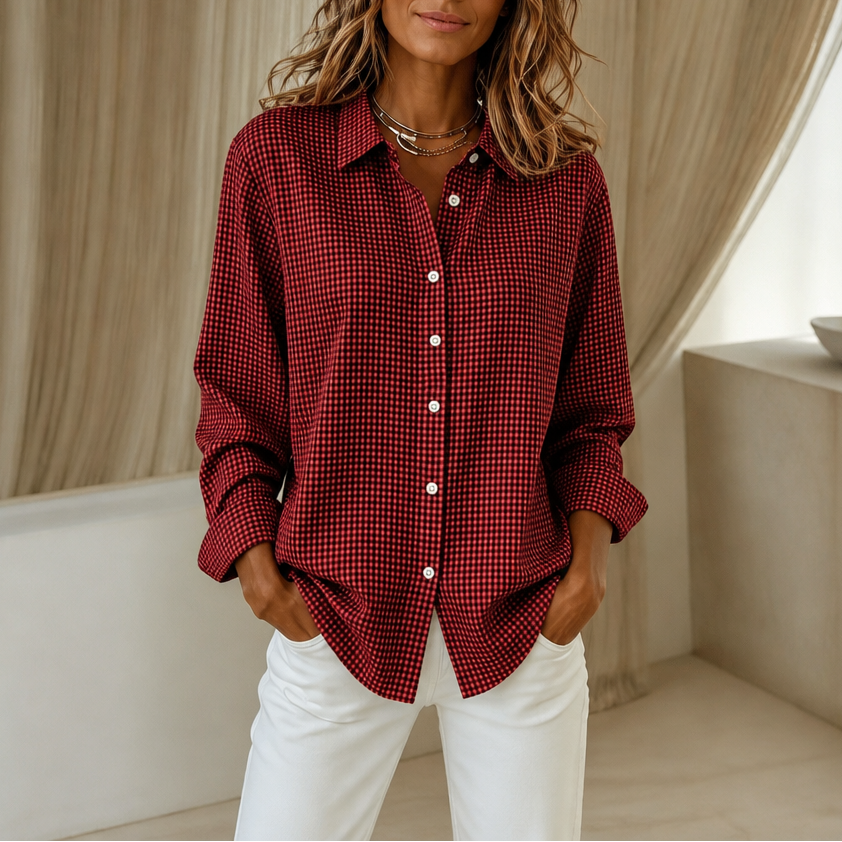 Women's checked button-down shirt with pointed collar and long sleeves