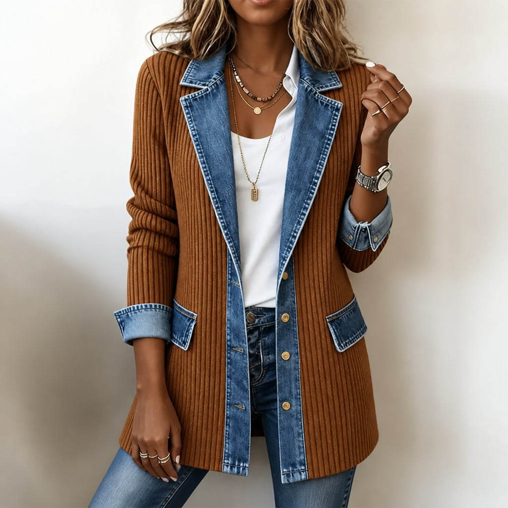 Women's longline ribbed knit coat with contrasting denim panels