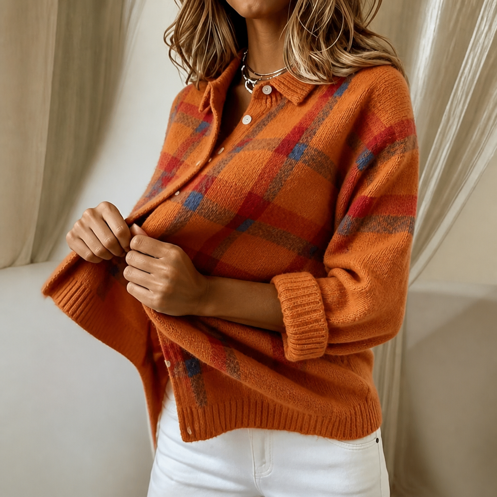 Women's plaid knit cardigan with shirt collar, long sleeves and button front