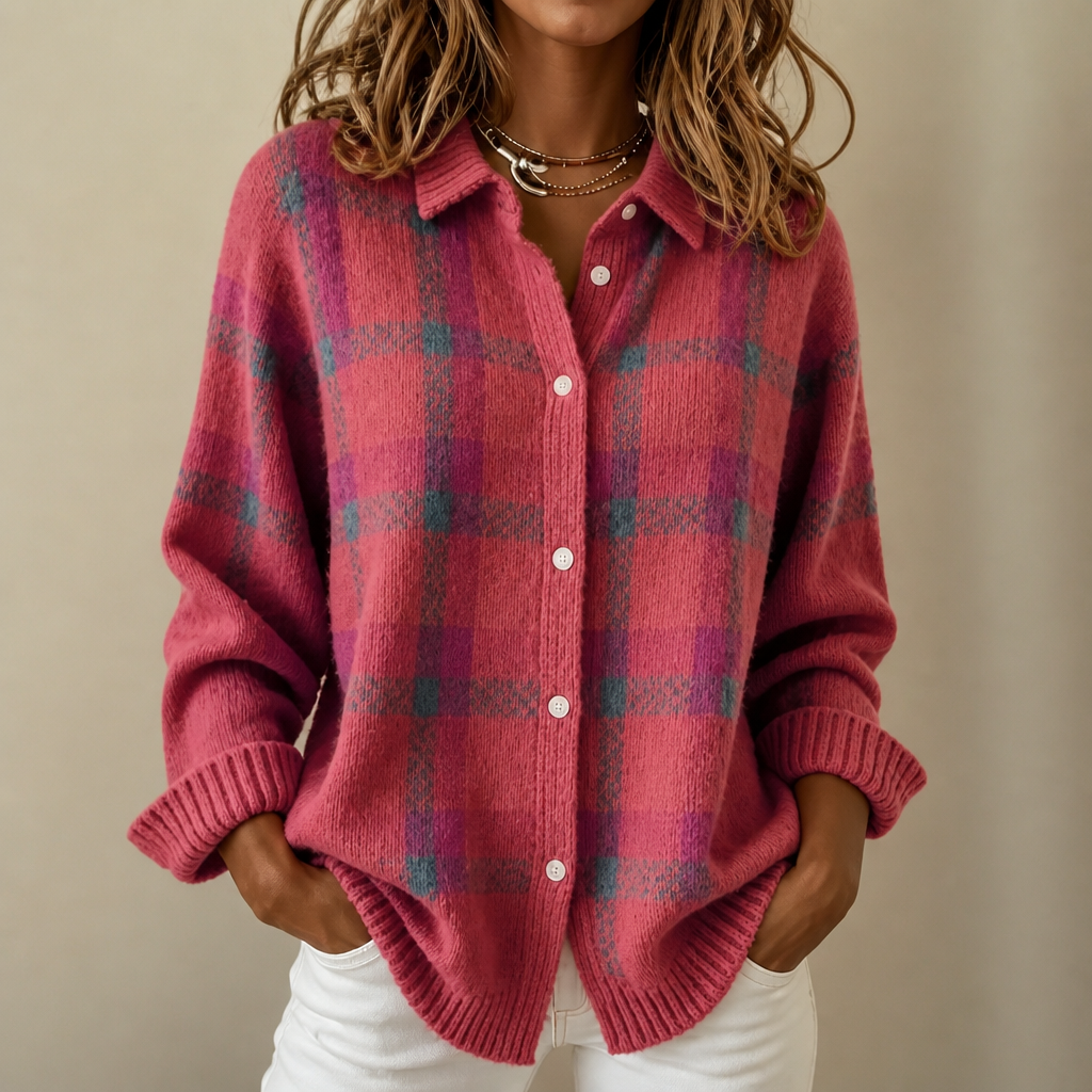 Women's plaid knit cardigan with shirt collar, long sleeves and button front