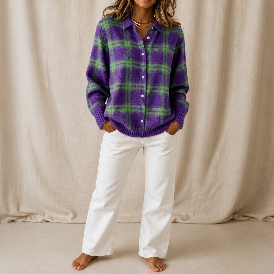 Women's plaid knit cardigan with shirt collar, long sleeves and button front