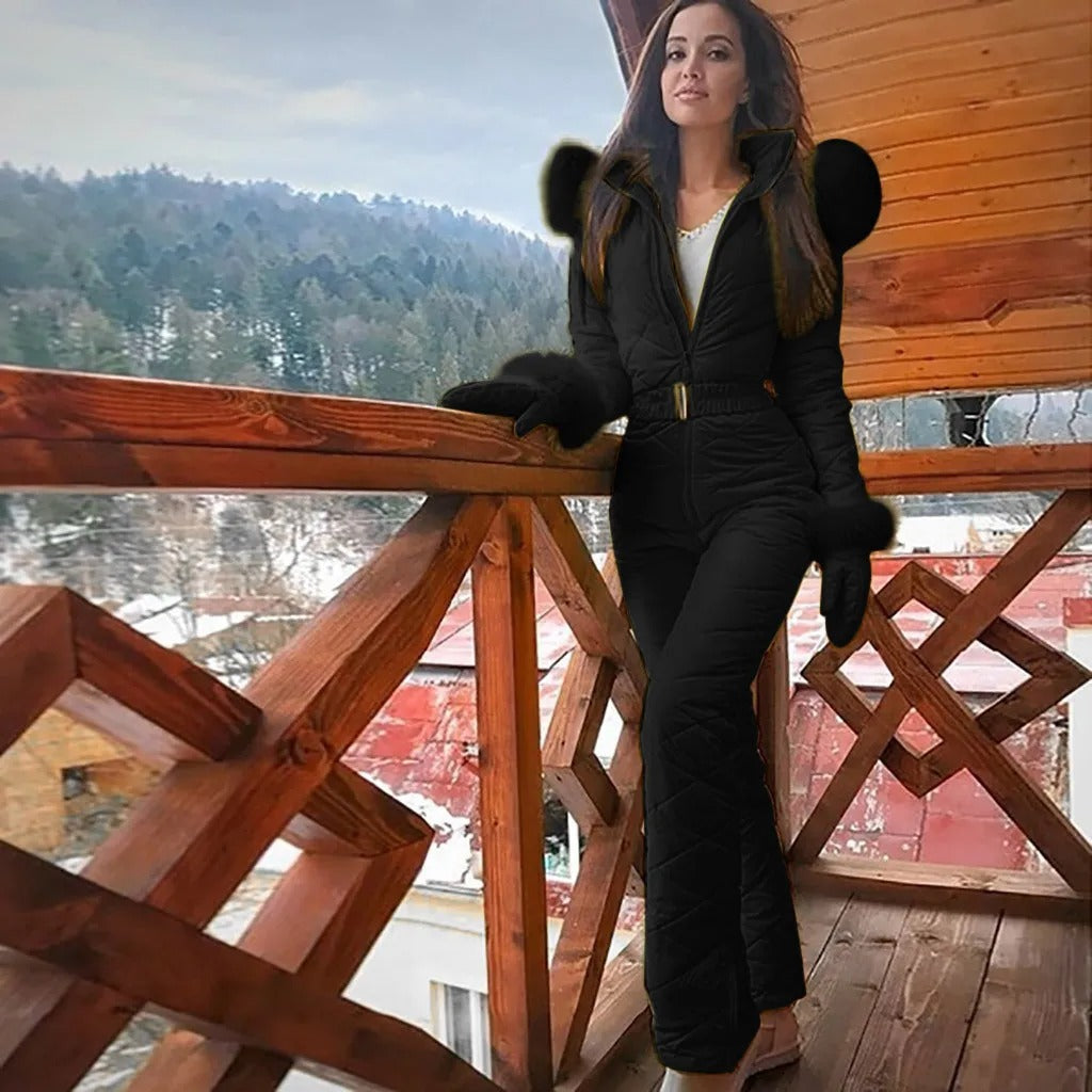 Women's quilted ski jumpsuit with high collar, belt and long sleeves