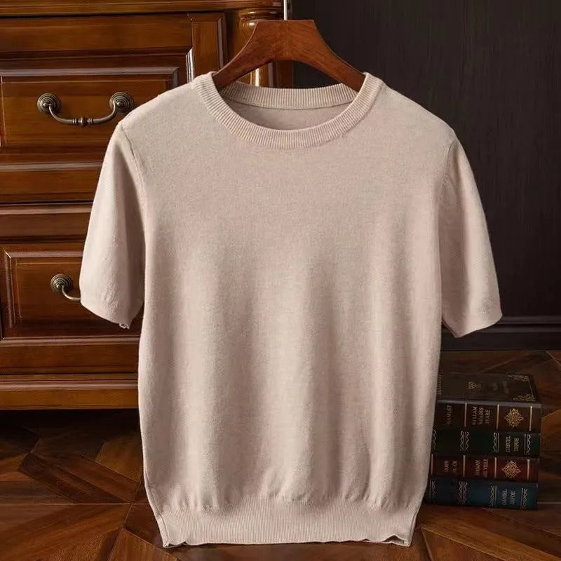 Short sleeve crew neck knitted sweater with ribbed trims