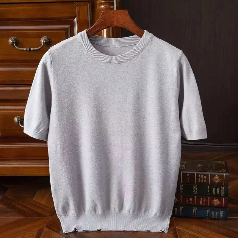 Short sleeve crew neck knitted sweater with ribbed trims