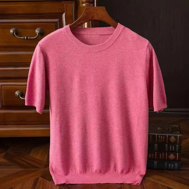 Short sleeve crew neck knitted sweater with ribbed trims