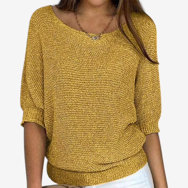 Women's textured knit jumper with round neckline, three-quarter sleeves and ribbed hem