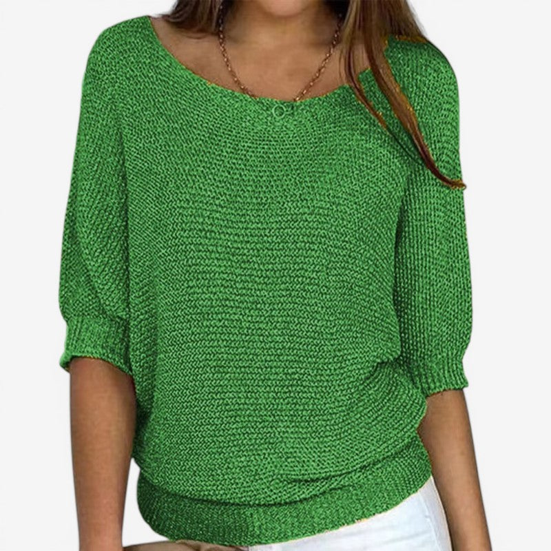 Women's textured knit jumper with round neckline, three-quarter sleeves and ribbed hem