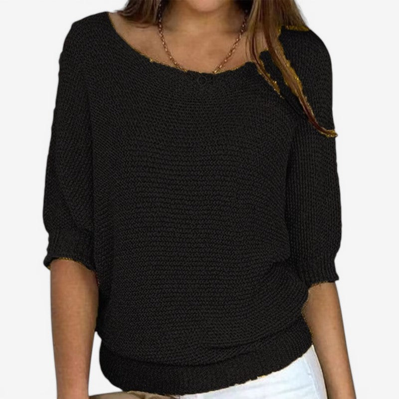 Women's textured knit jumper with round neckline, three-quarter sleeves and ribbed hem