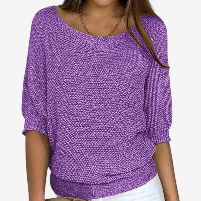 Women's textured knit jumper with round neckline, three-quarter sleeves and ribbed hem