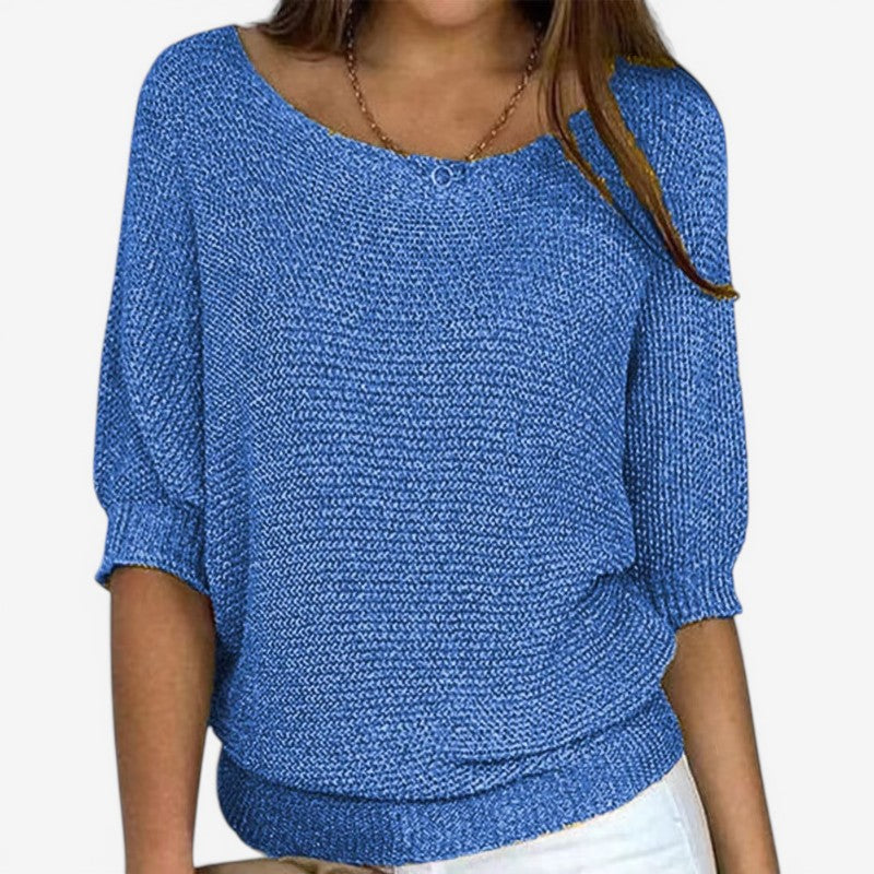Women's textured knit jumper with round neckline, three-quarter sleeves and ribbed hem