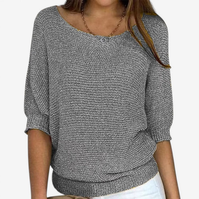 Women's textured knit jumper with round neckline, three-quarter sleeves and ribbed hem
