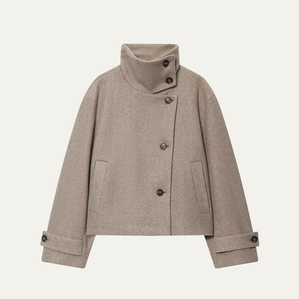 Women's stand collar button front jacket with long sleeves and front pockets