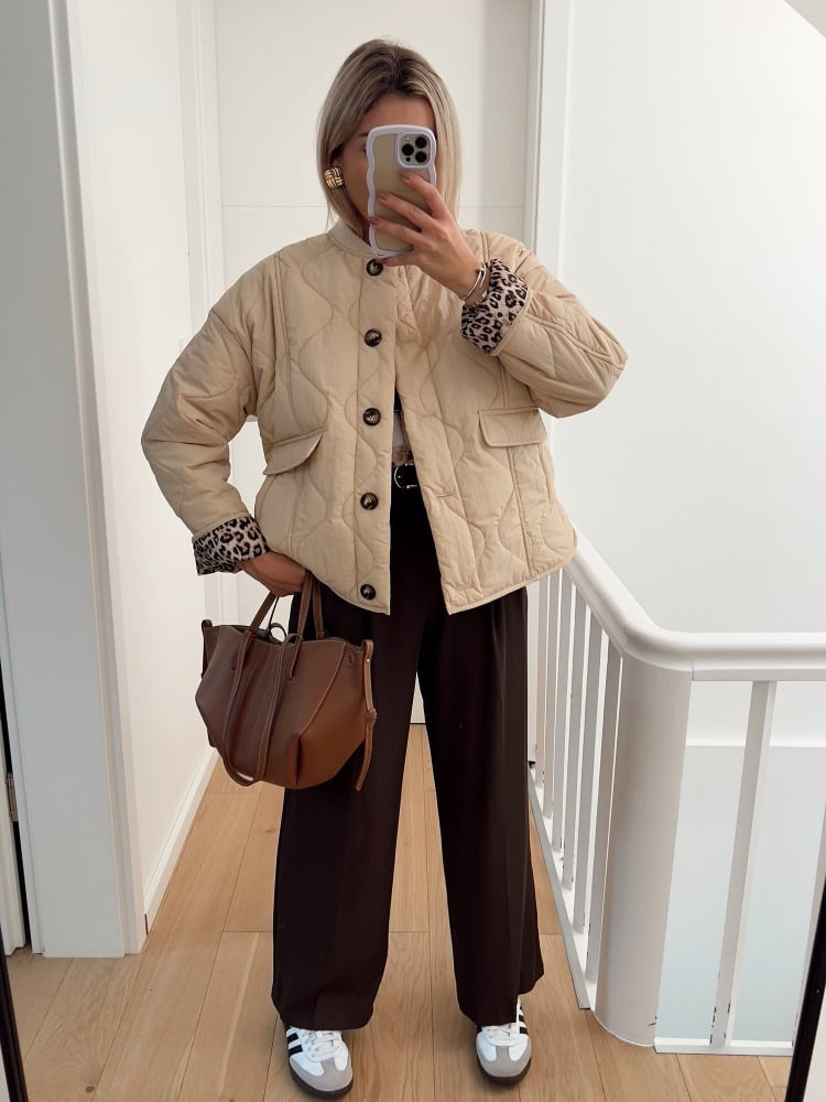 Women's quilted jacket with leopard print cuffs, button front and flap pockets