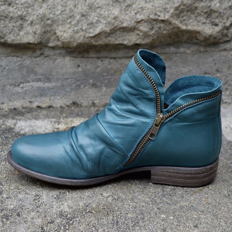 Women's ankle boots with ruched panels, side zips and low block heels