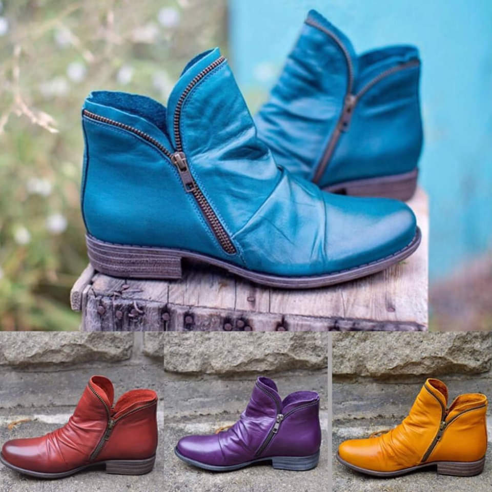 Women's ankle boots with ruched panels, side zips and low block heels