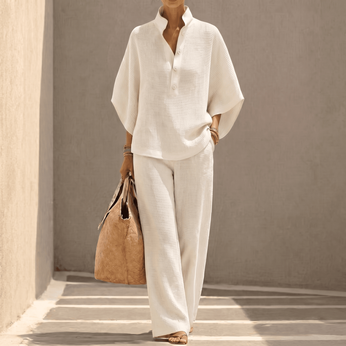 Women's textured two-piece set with mandarin collar top and wide-leg trousers