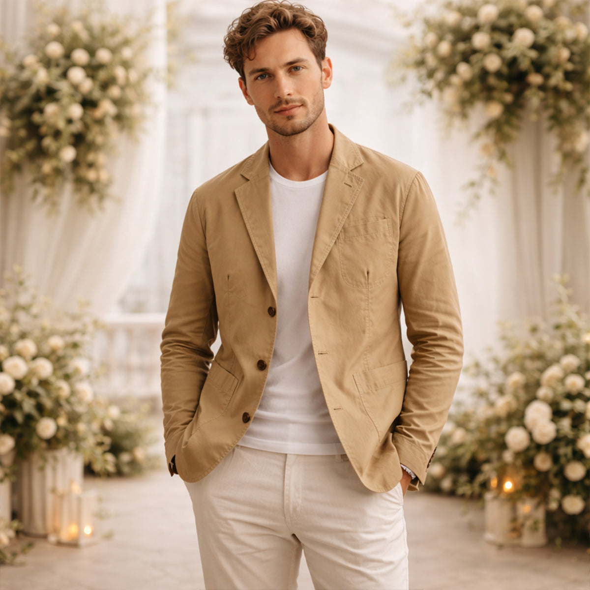 Men's lightweight blazer with notched lapels, button front and patch pockets