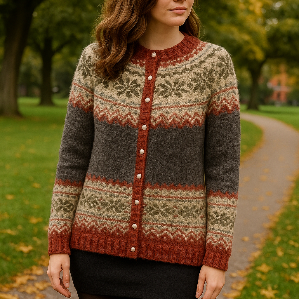 Women's Nordic geometric patterned knitted cardigan with crew neck and button front