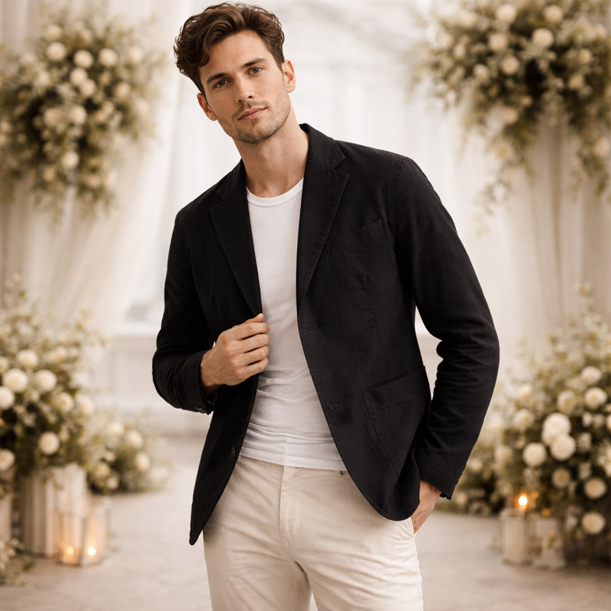 Men's lightweight blazer with notched lapels, button front and patch pockets