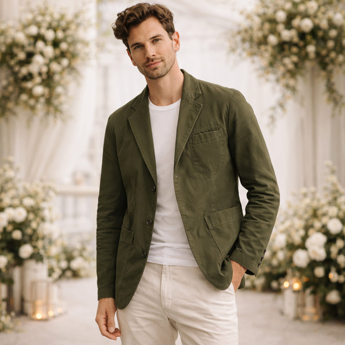 Men's lightweight blazer with notched lapels, button front and patch pockets
