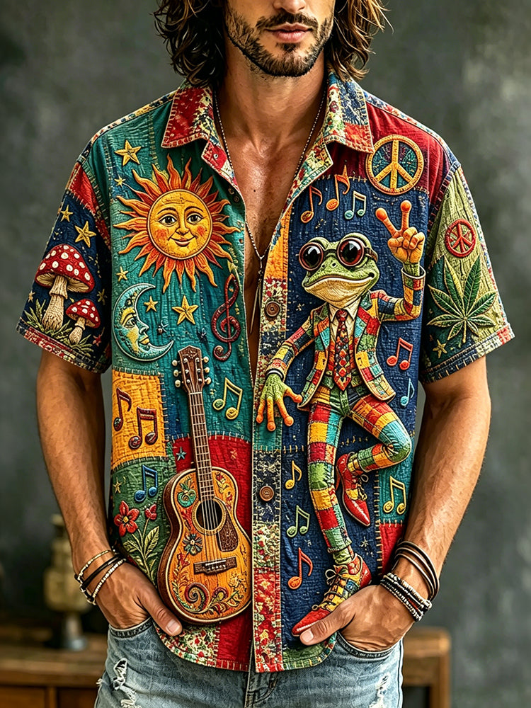 Men's short-sleeve patchwork shirt with frog, guitar, sun, moon and music illustrations