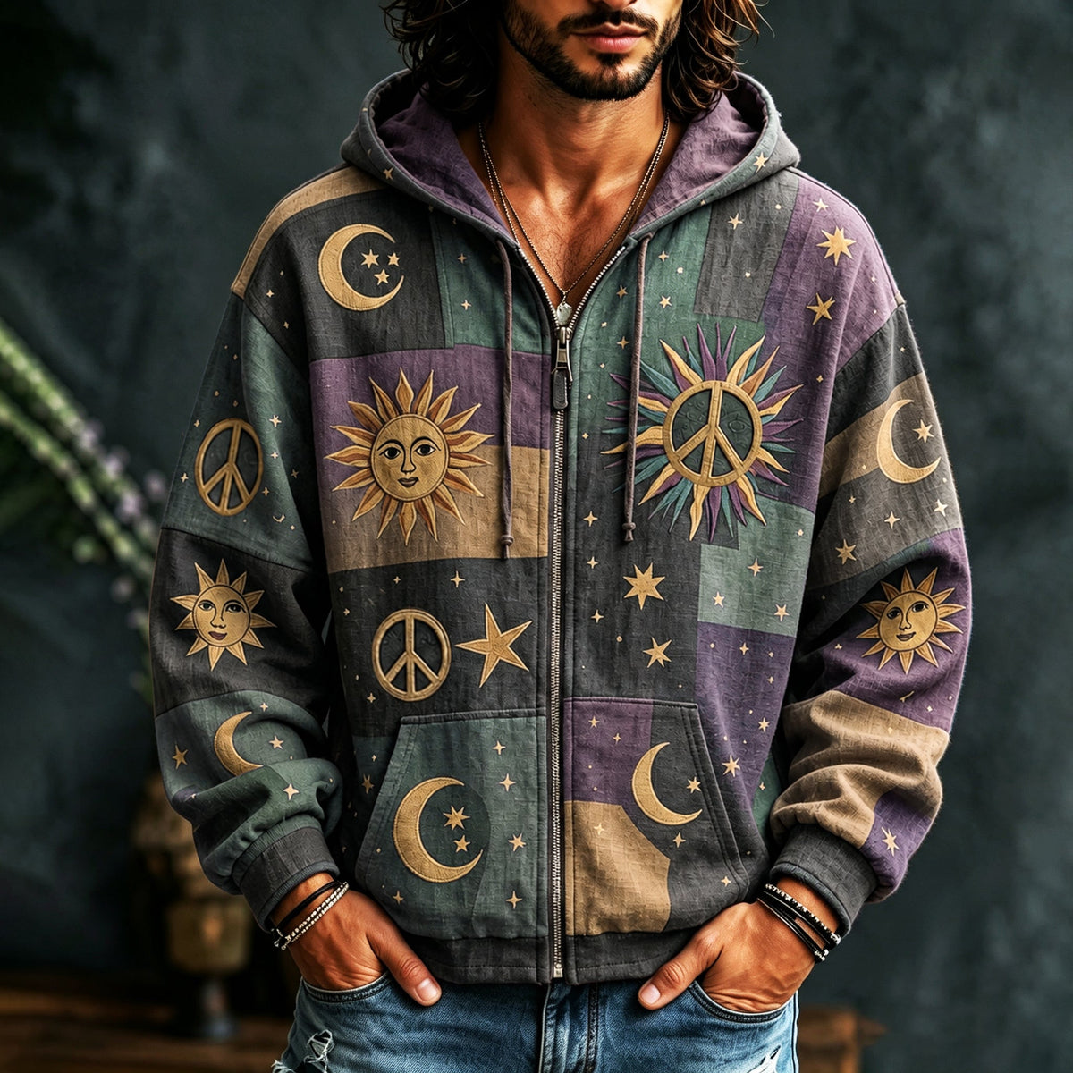 Men's multicoloured patchwork zip hoodie with sun, moon, star and peace motifs