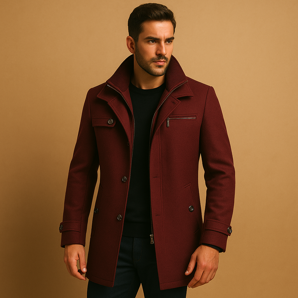 Men's long winter coat with raised collar, front zip, buttons and adjustable cuffs