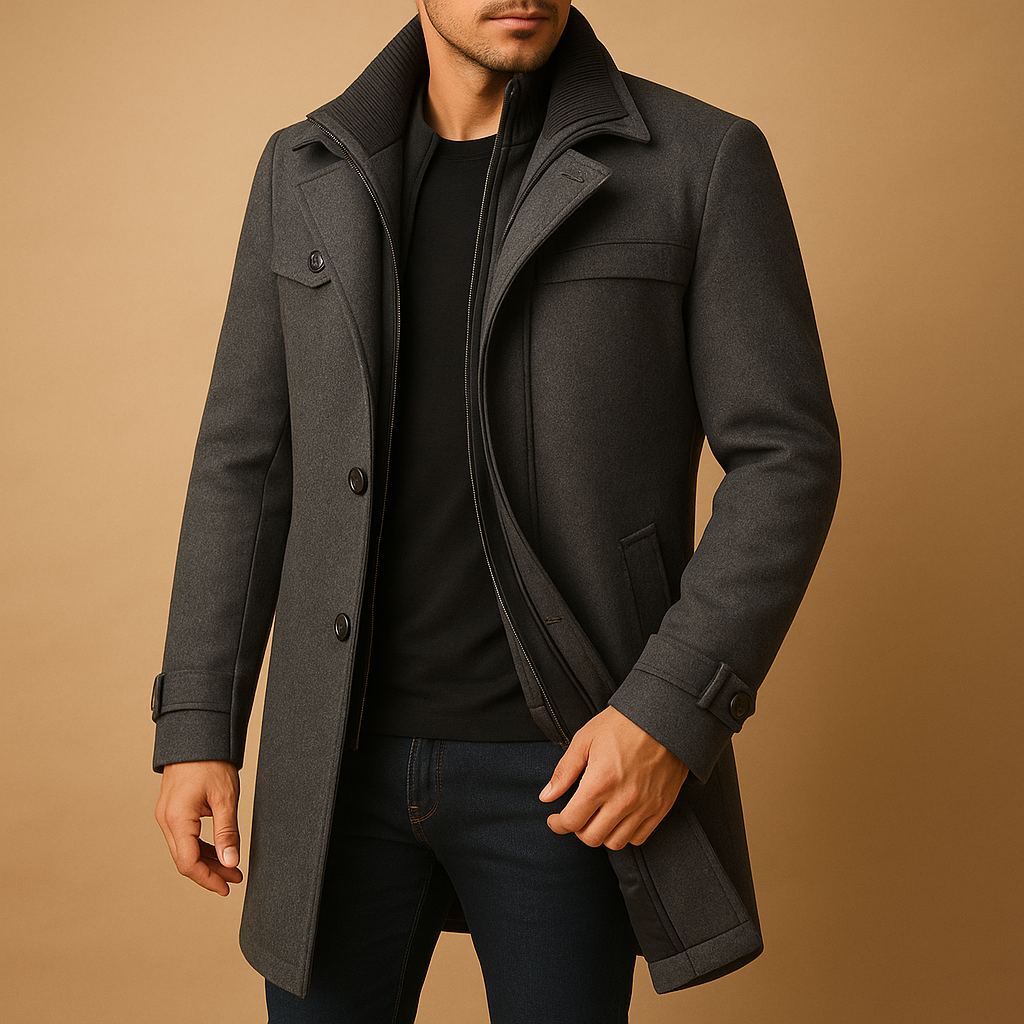Men's long winter coat with raised collar, front zip, buttons and adjustable cuffs