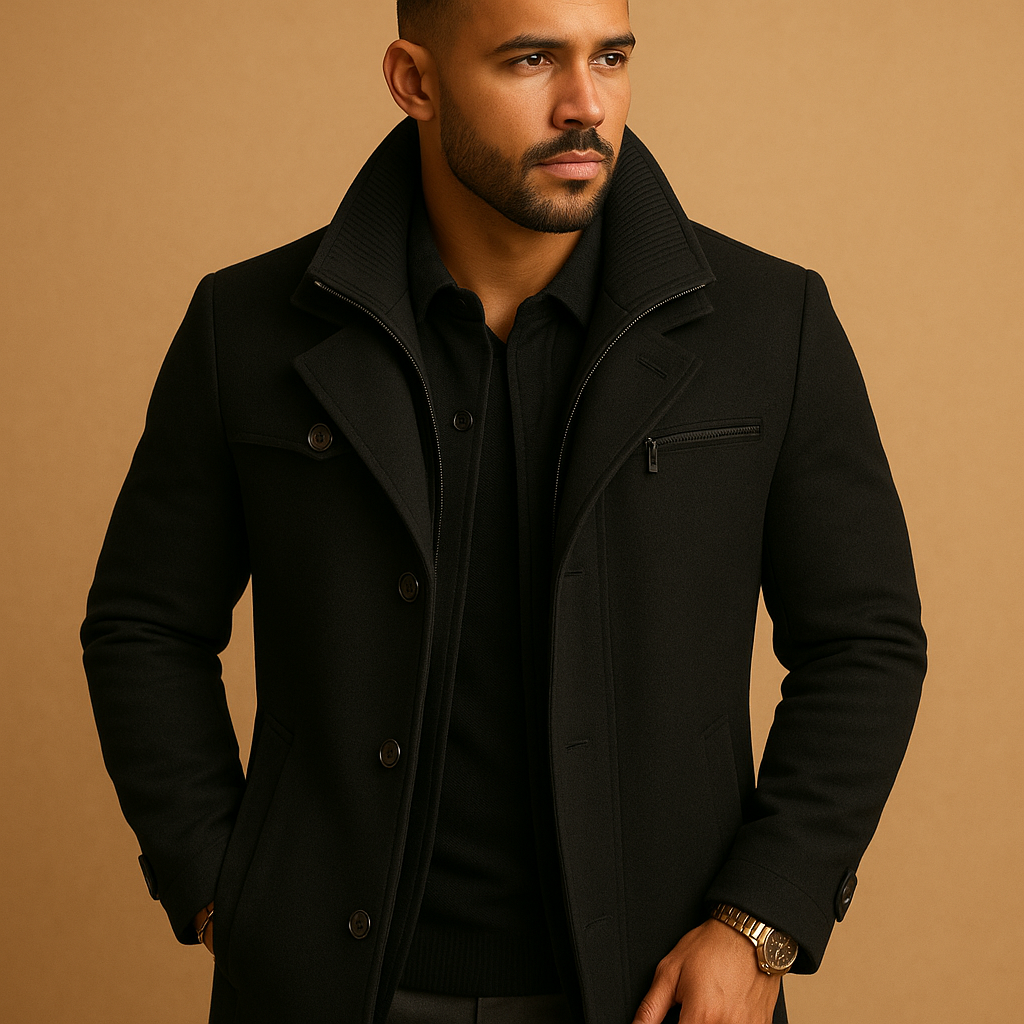 Men's long winter coat with raised collar, front zip, buttons and adjustable cuffs