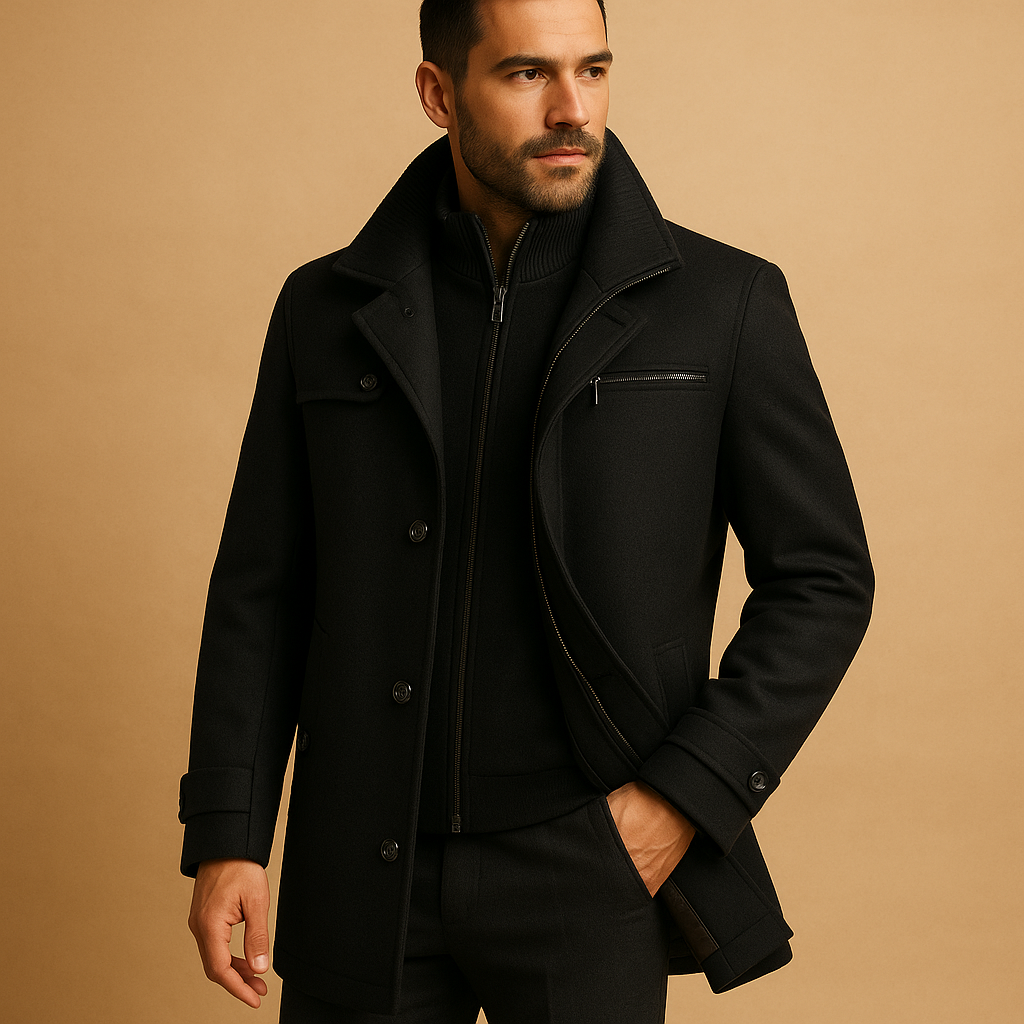 Men's long winter coat with raised collar, front zip, buttons and adjustable cuffs
