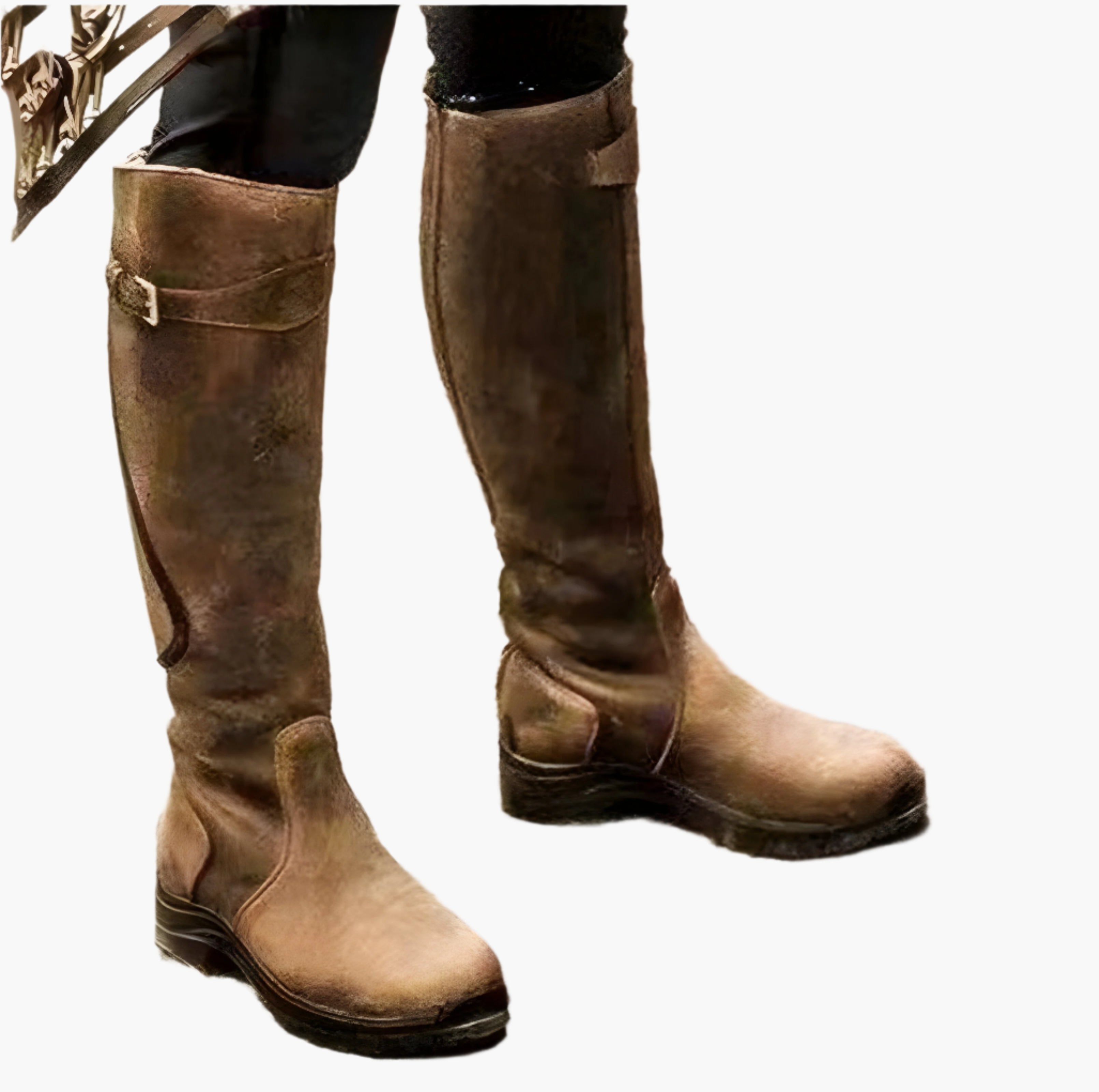 Women's tall riding boots with buckle straps, side zips and low heels