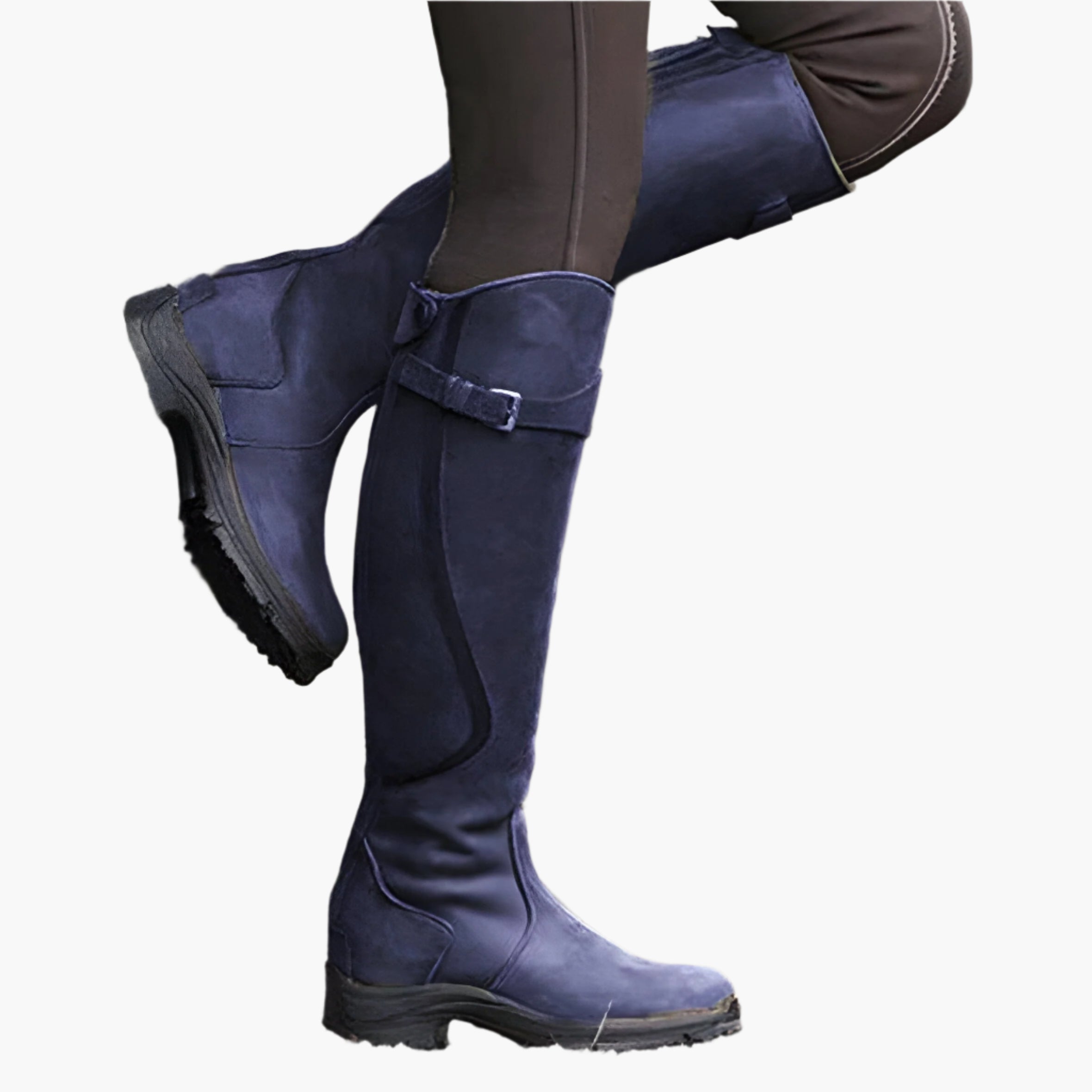 Women's tall riding boots with buckle straps, side zips and low heels