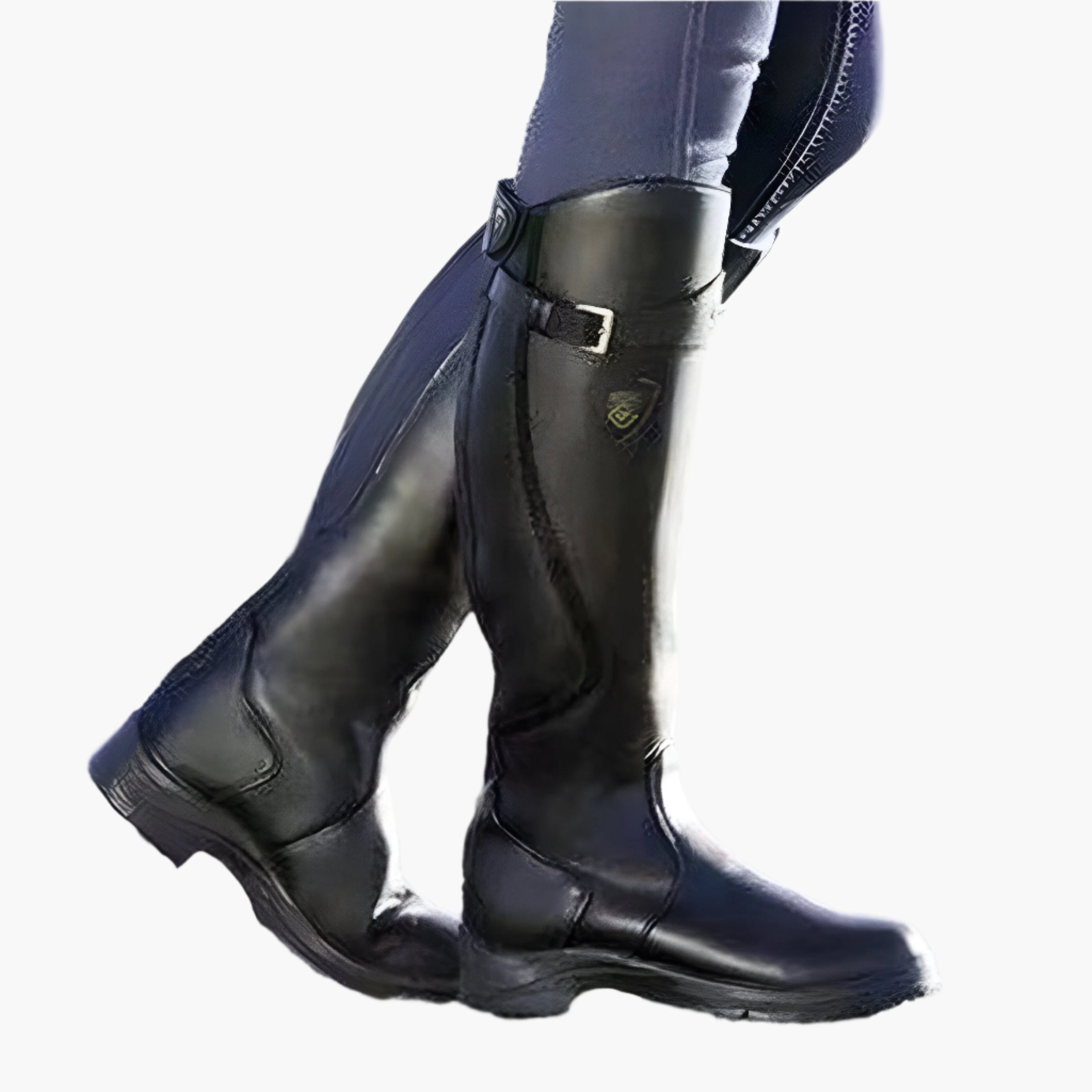 Women's tall riding boots with buckle straps, side zips and low heels