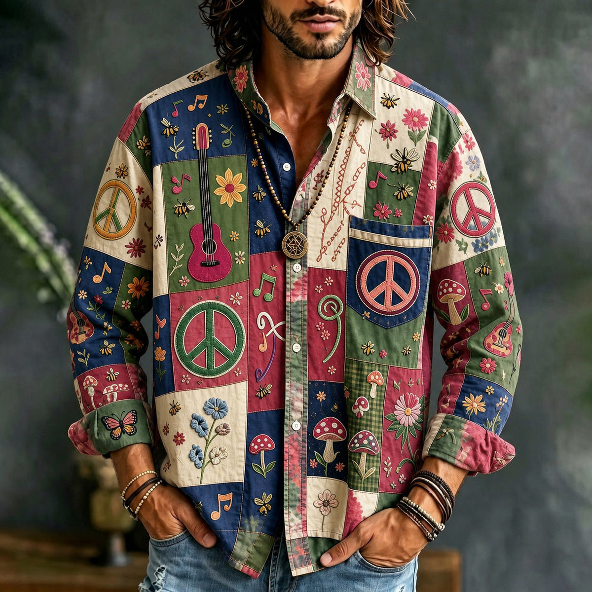 Men's long-sleeve patchwork shirt with peace, music, floral and mushroom motifs