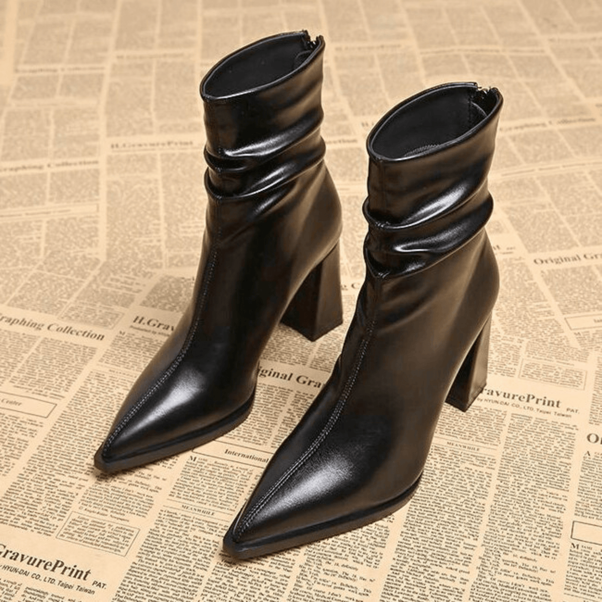 Women's pointed-toe slouch ankle boots with high block heels