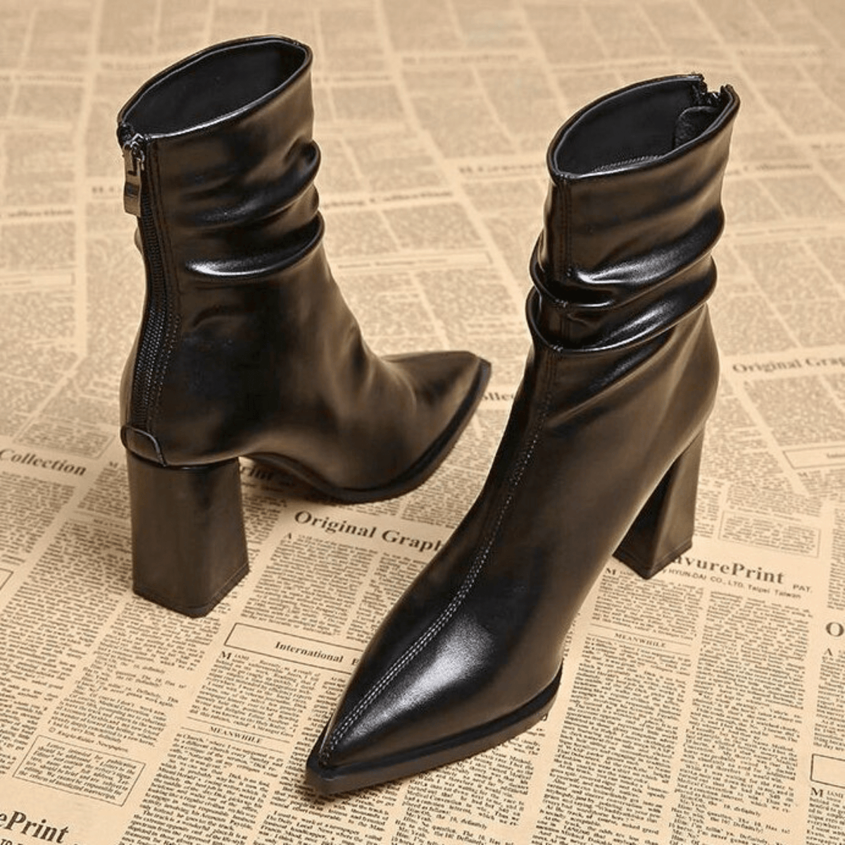 Women's pointed-toe slouch ankle boots with high block heels