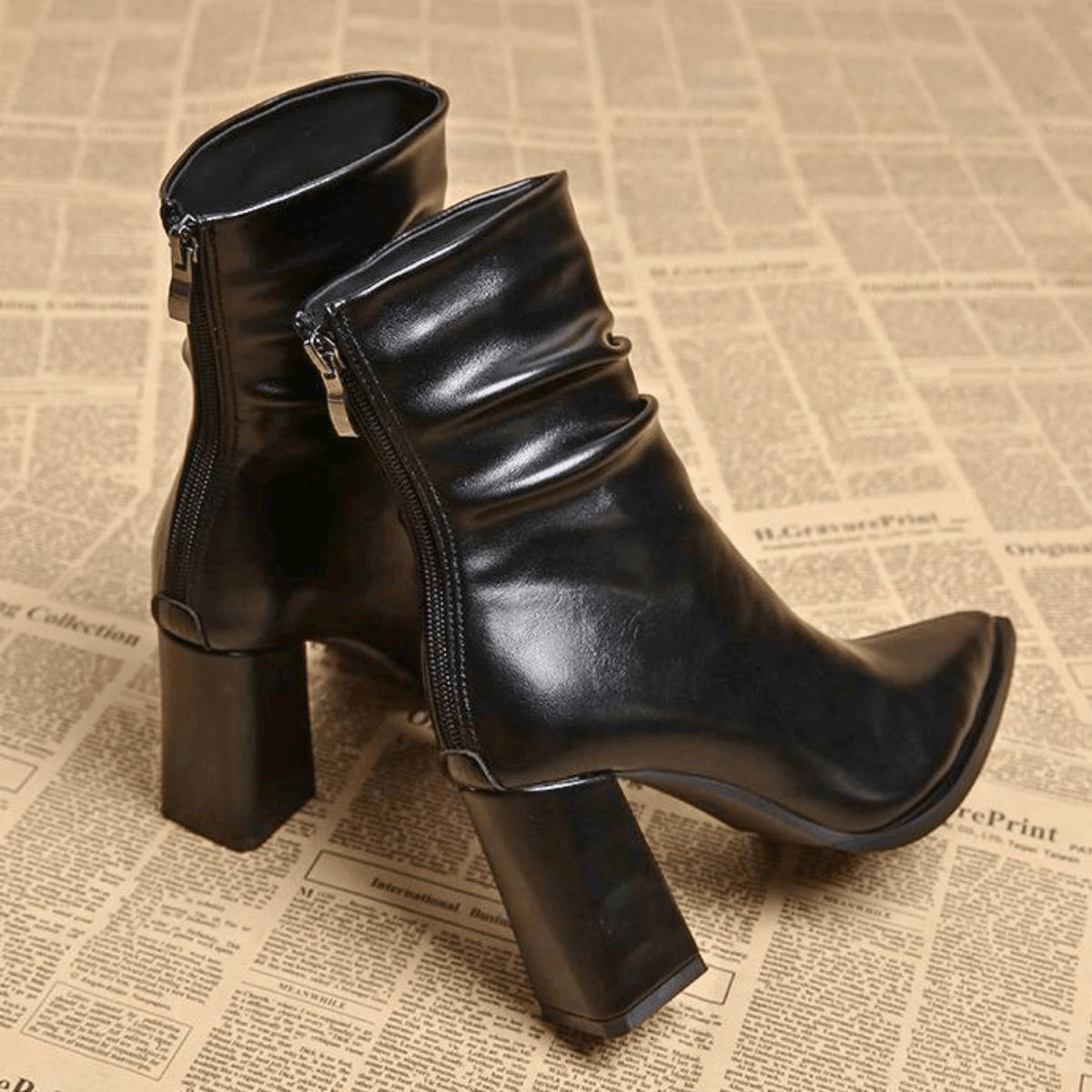 Women's pointed-toe slouch ankle boots with high block heels