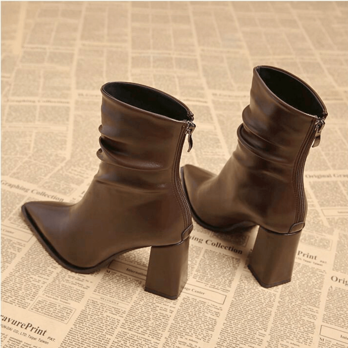 Women's pointed-toe slouch ankle boots with high block heels