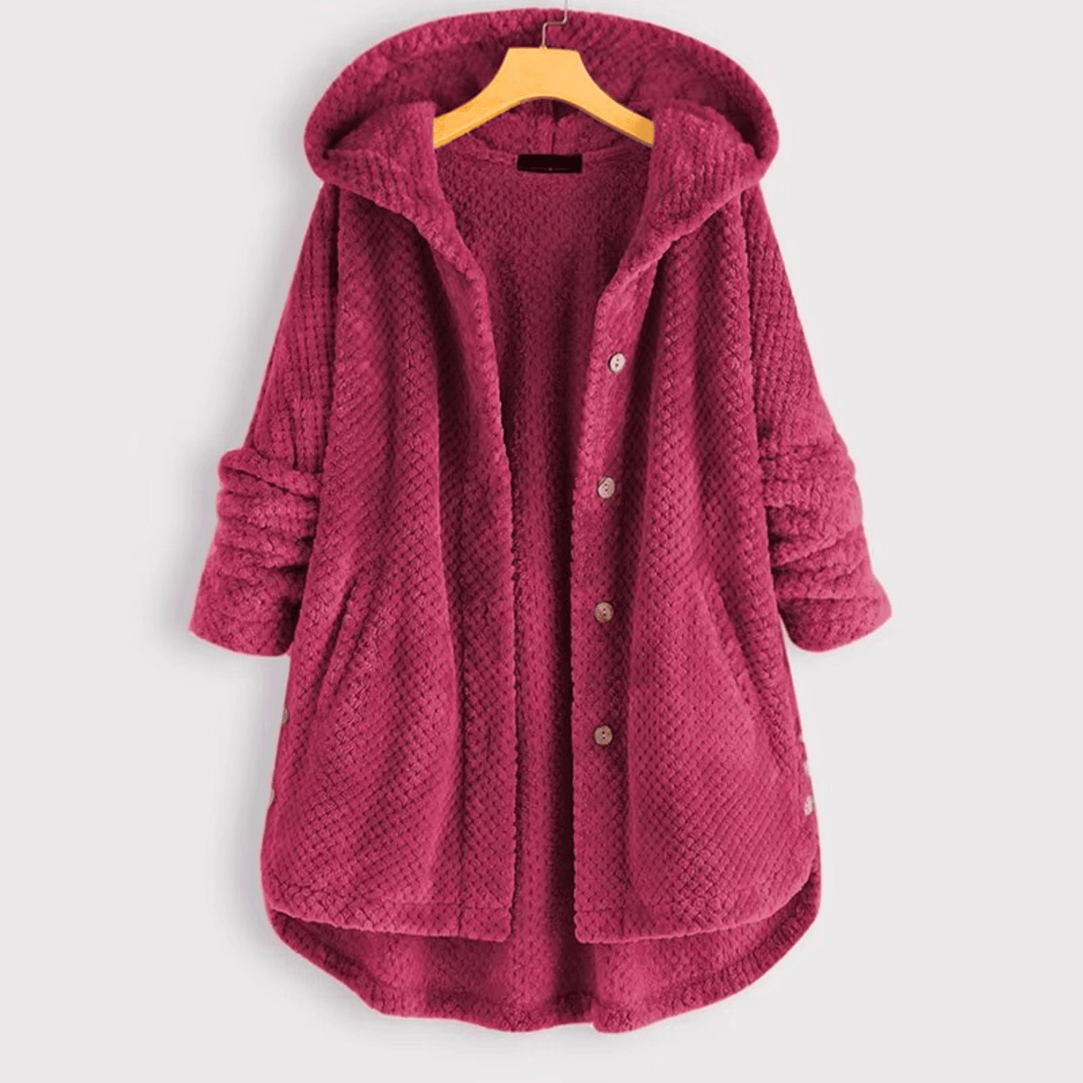 Women's textured hooded coat with button front and curved hem