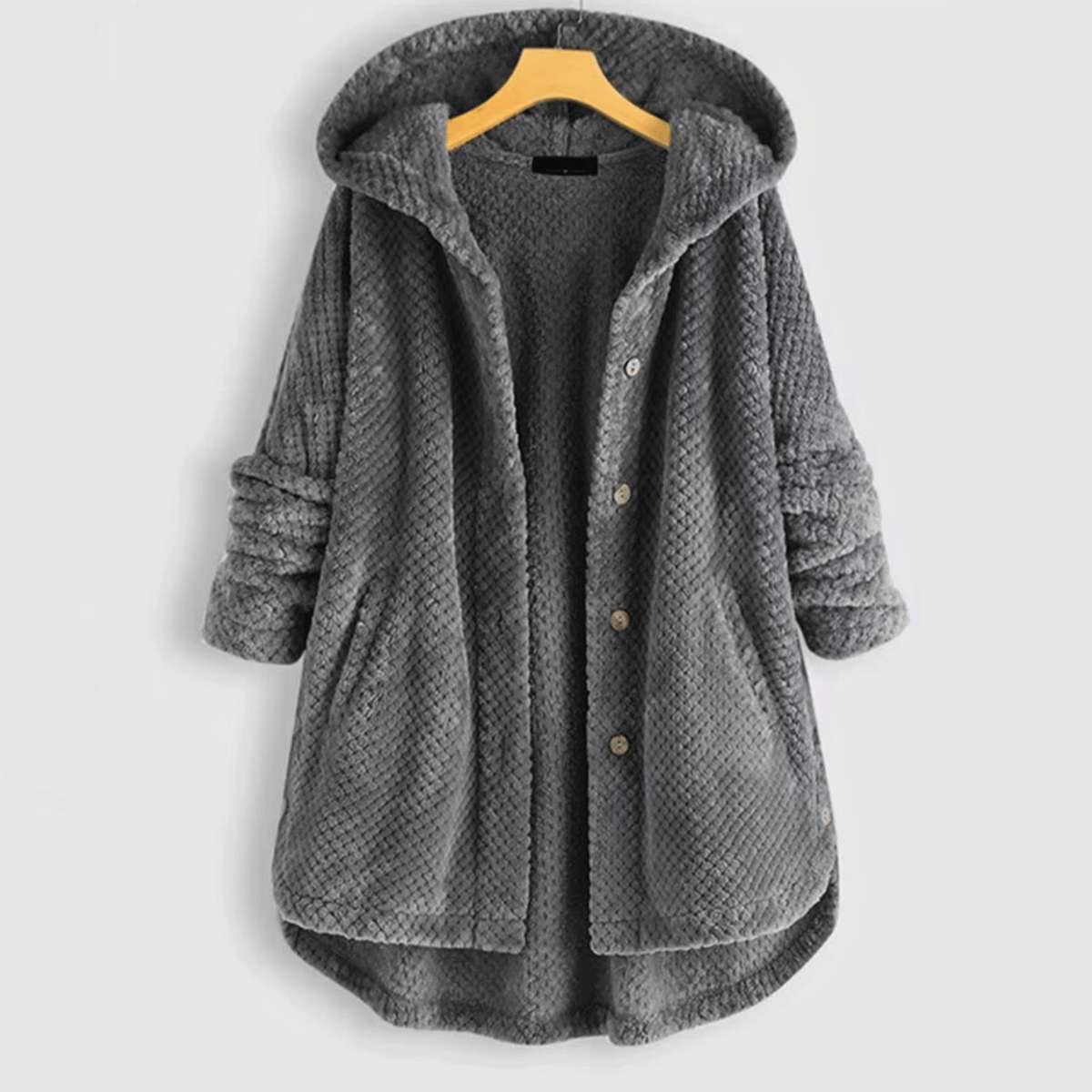 Women's textured hooded coat with button front and curved hem