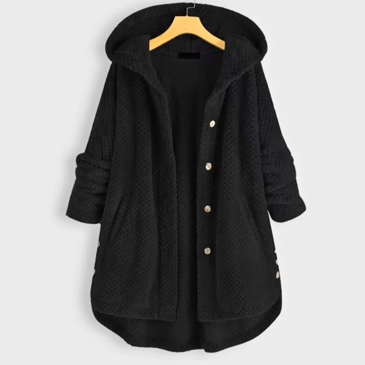 Women's textured hooded coat with button front and curved hem