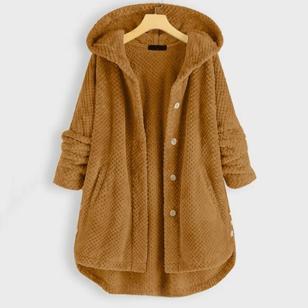 Women's textured hooded coat with button front and curved hem