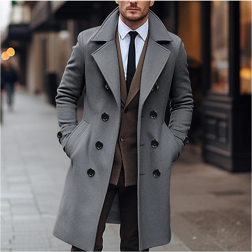 Men's longline double-breasted trench coat with wide lapels and side pockets