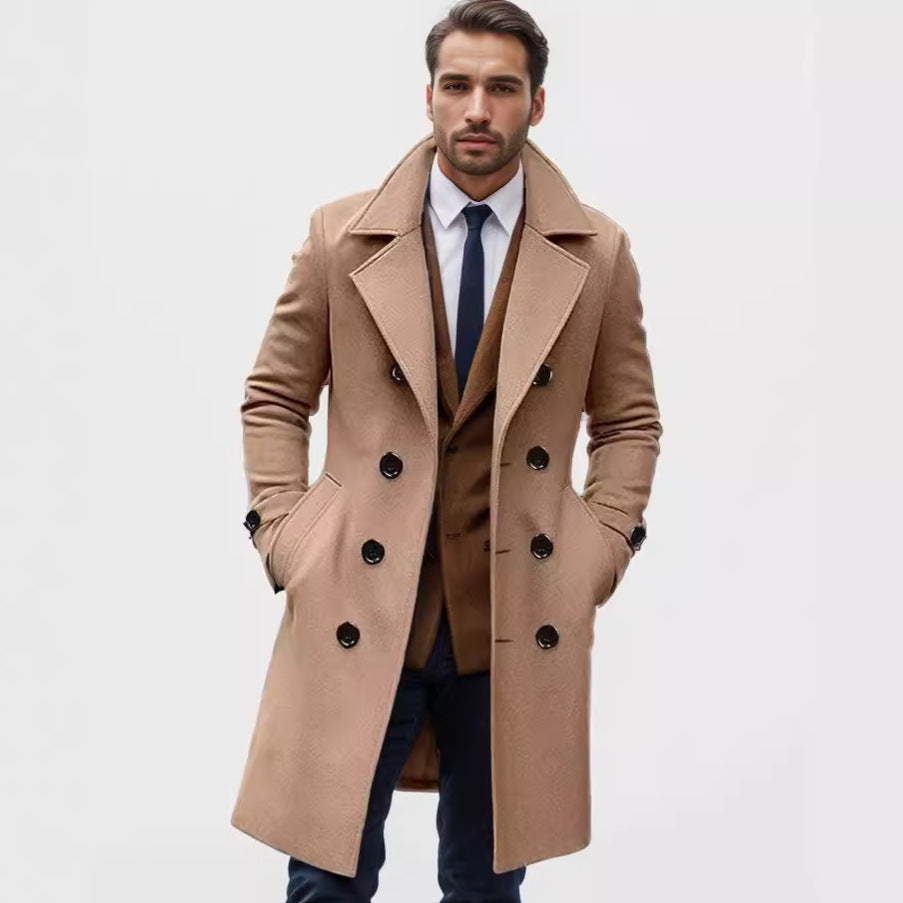 Men's longline double-breasted trench coat with wide lapels and side pockets
