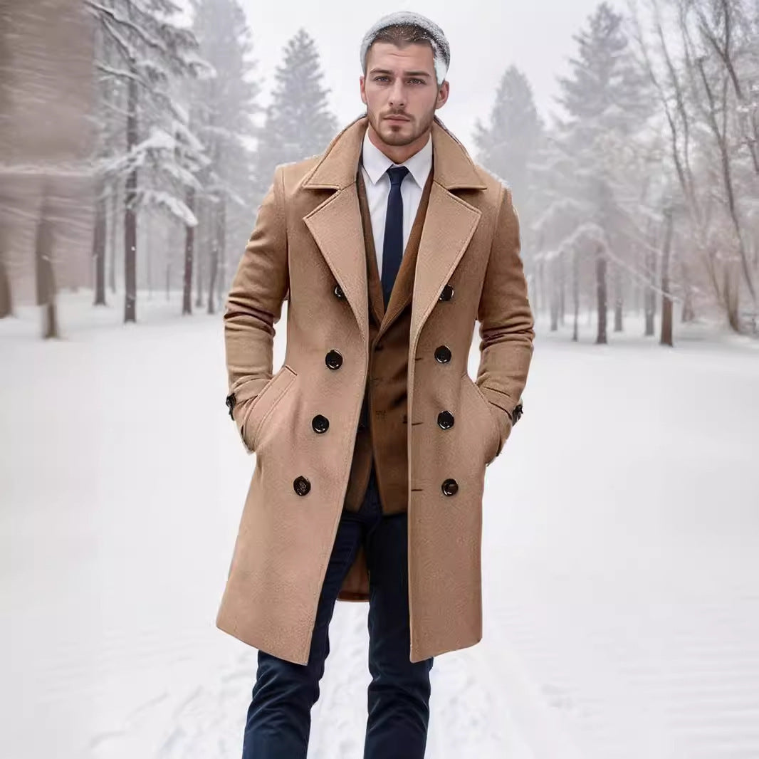 Men's longline double-breasted trench coat with wide lapels and side pockets