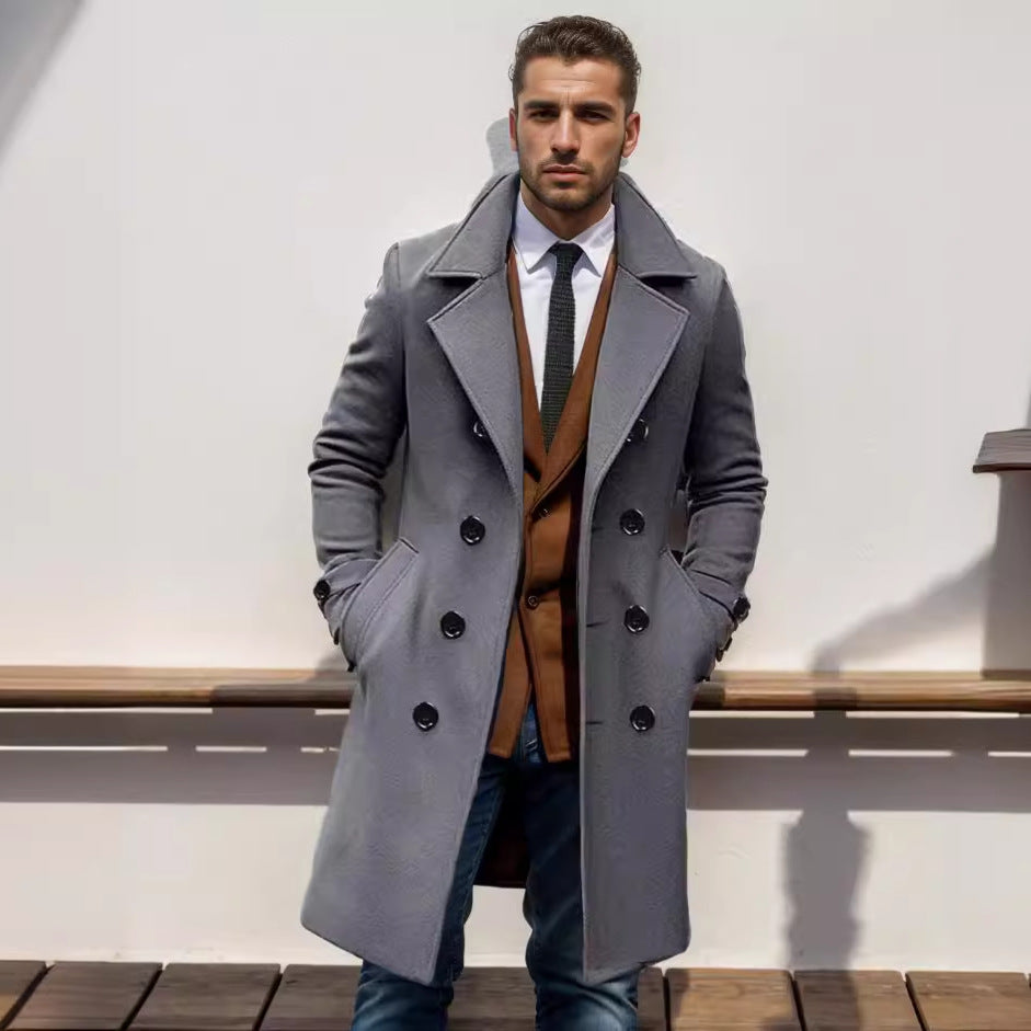Men's longline double-breasted trench coat with wide lapels and side pockets
