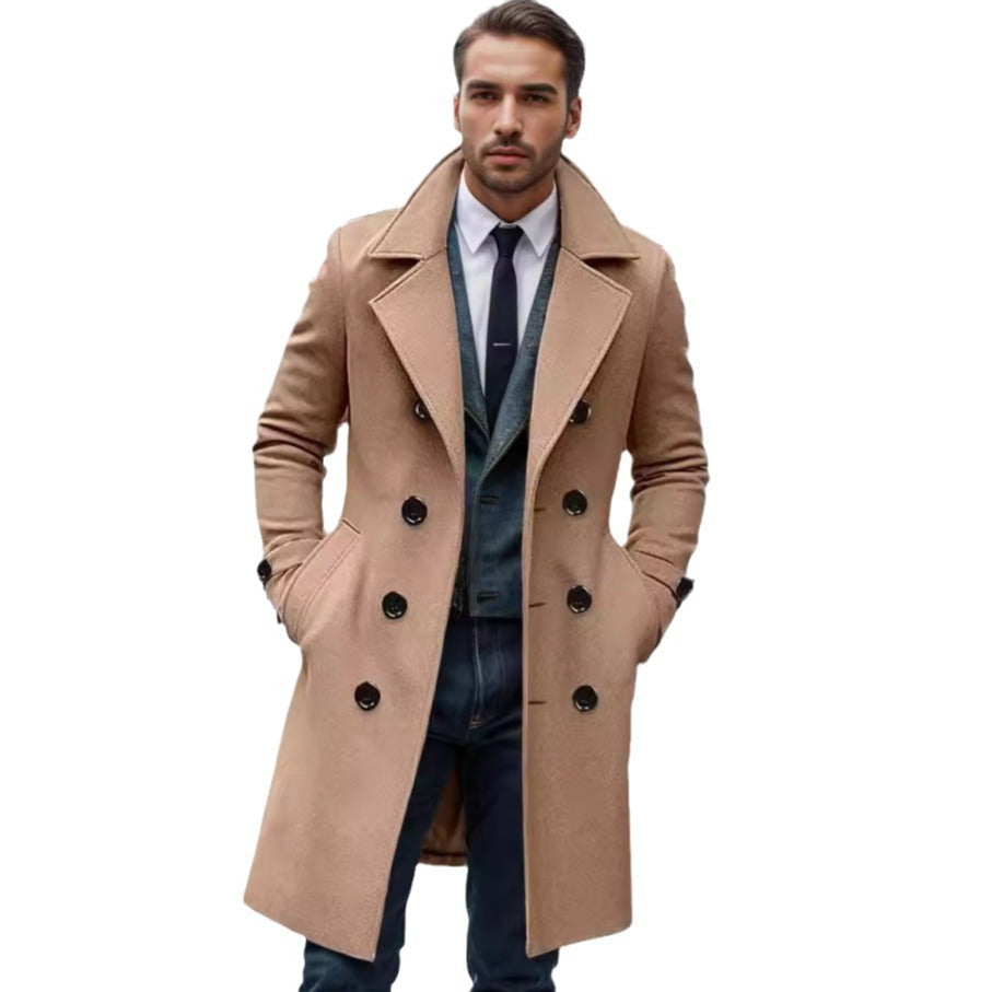 Men's longline double-breasted trench coat with wide lapels and side pockets