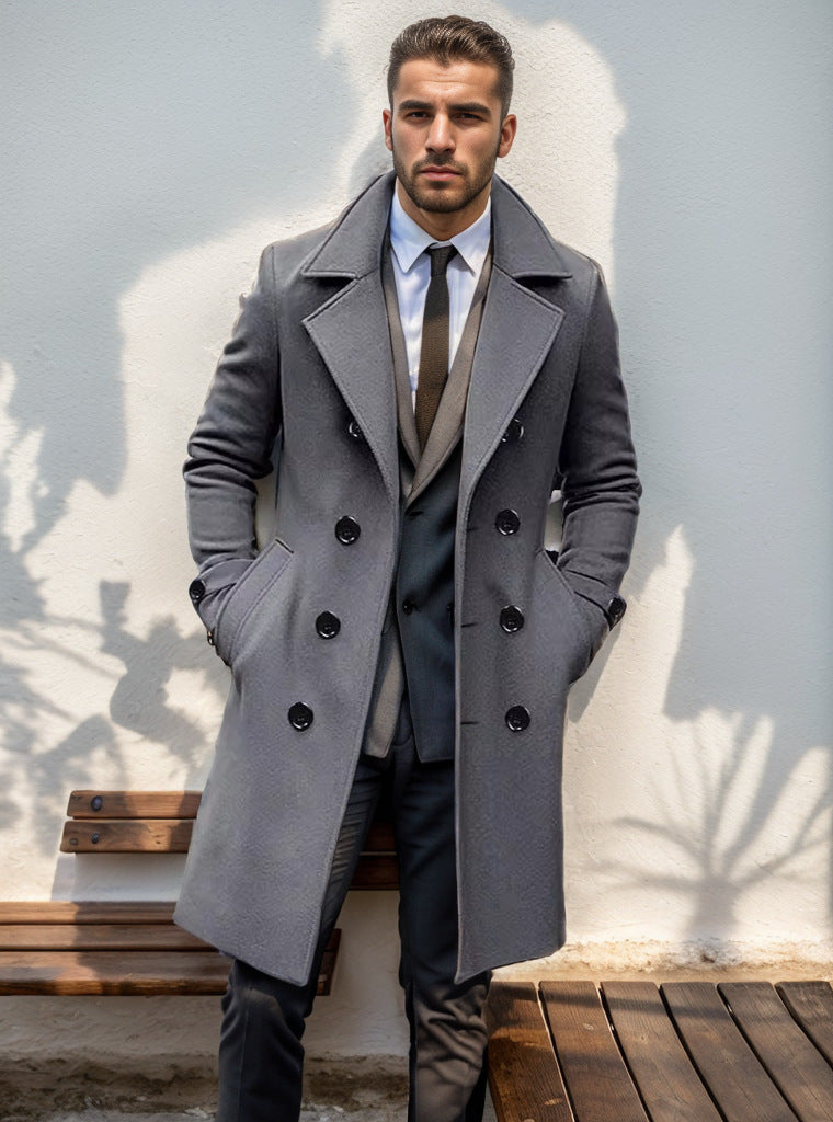 Men's longline double-breasted trench coat with wide lapels and side pockets