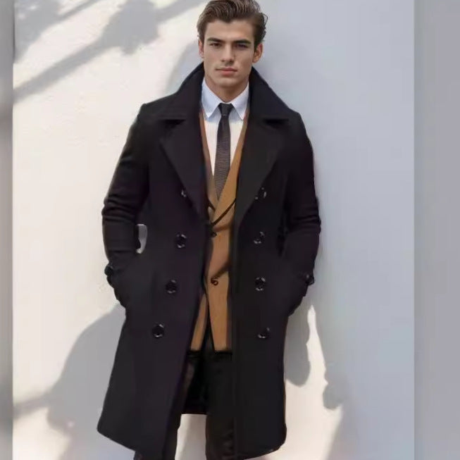 Men's longline double-breasted trench coat with wide lapels and side pockets