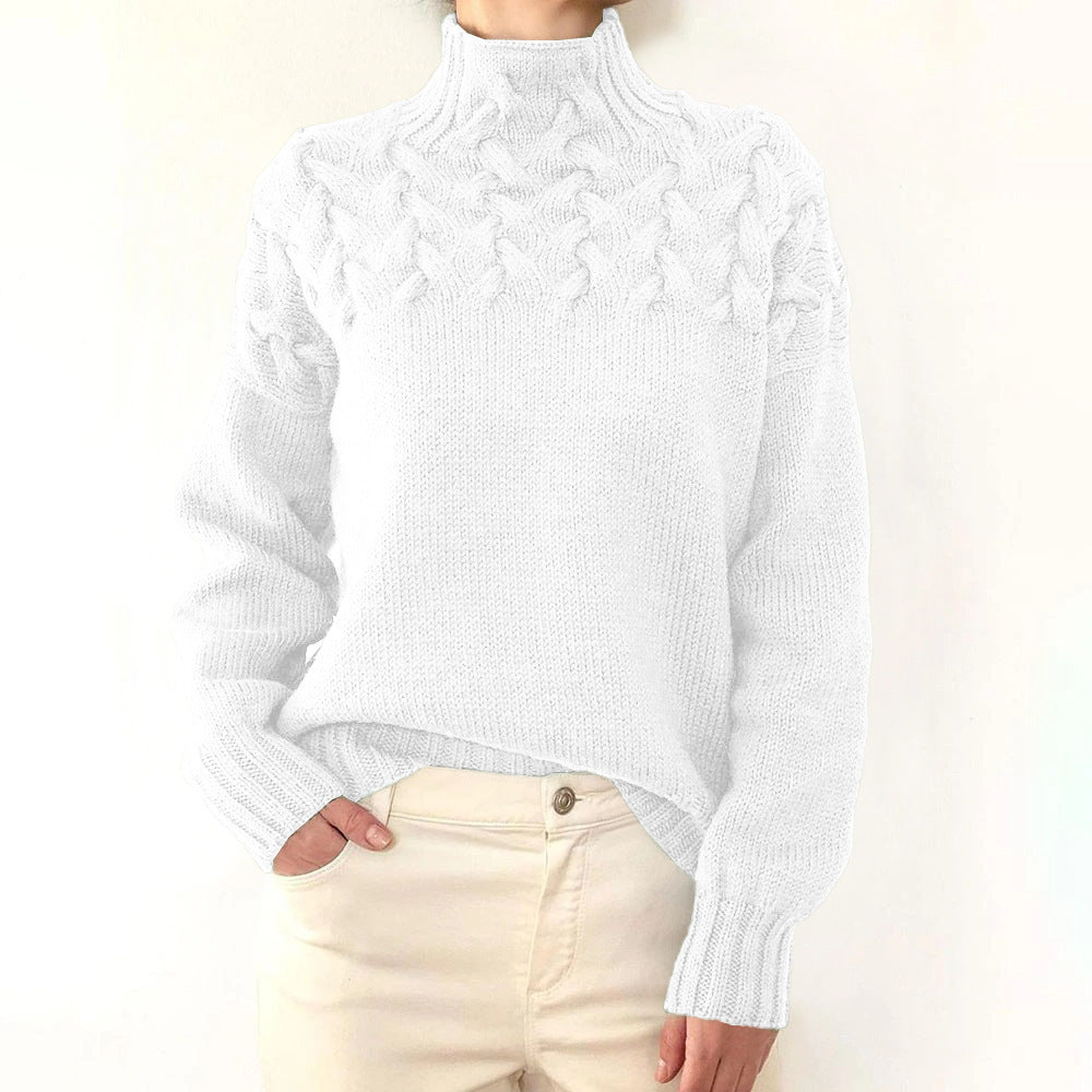Women's cable-knit turtleneck sweater with long sleeves and ribbed trims